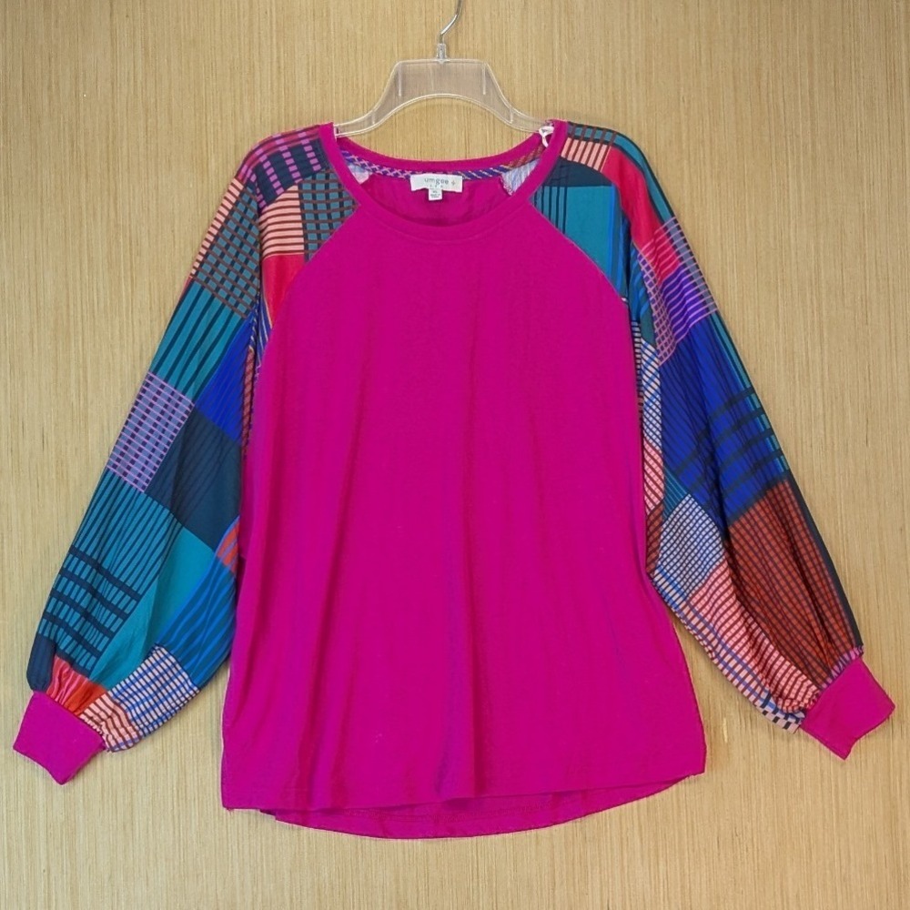 Umgee USA Women Boho Colorful Patchwork Oversized Raglan Sleeve Knit Top 1X Pink